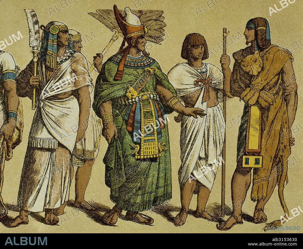 HISTORIA DEL ANTIGUO EGIPTO. FARAON del Imperio Nuevo rodeado de funcionarios públicos y del Sumo Sacerdote (con piel de león) .