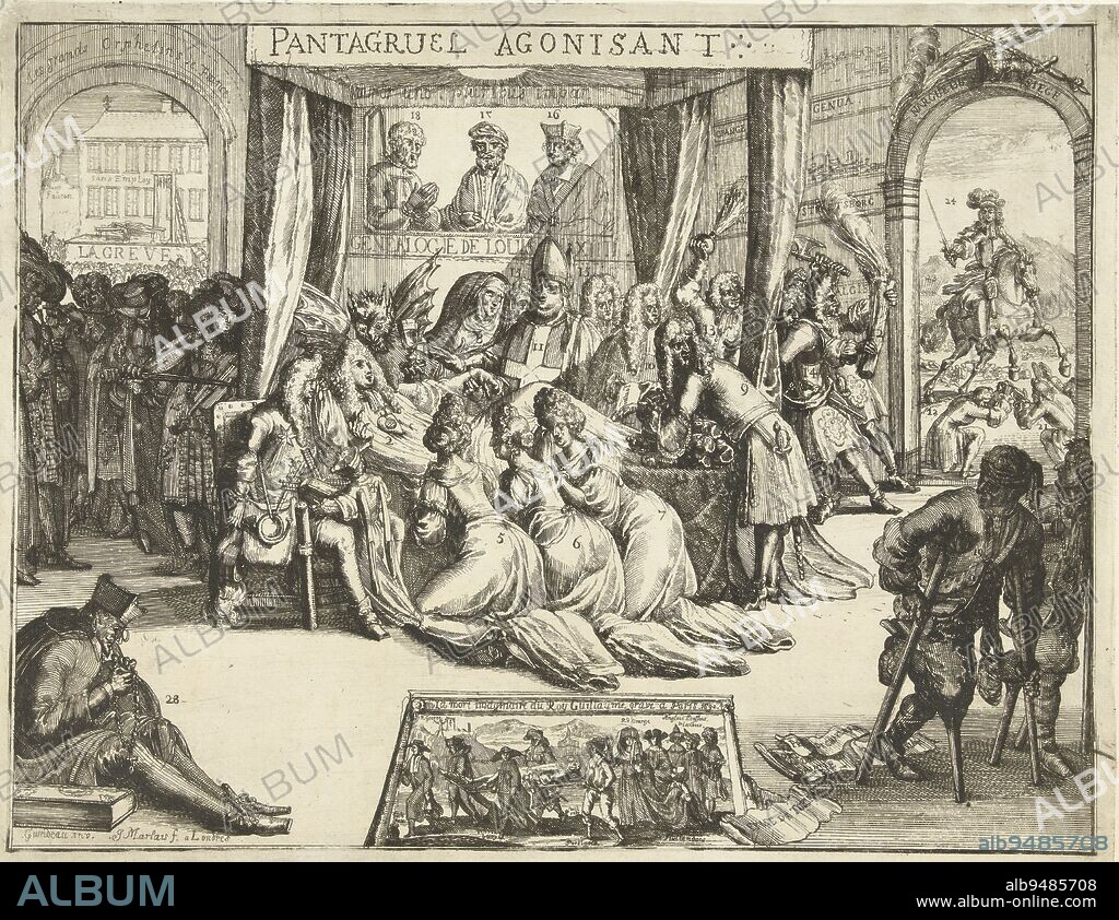 Cartoon on Louis XIV on learning that the death of William III was false, 1690 Pantagruel agonisant, print maker: Jan Marlais, (mentioned on object), print maker: Romeyn de Hooghe, (attributed to), intermediary draughtsman: Guindeau, (mentioned on object), print maker: London, print maker: Netherlands, 1690, paper, etching, h 288 mm × w 370 mm.