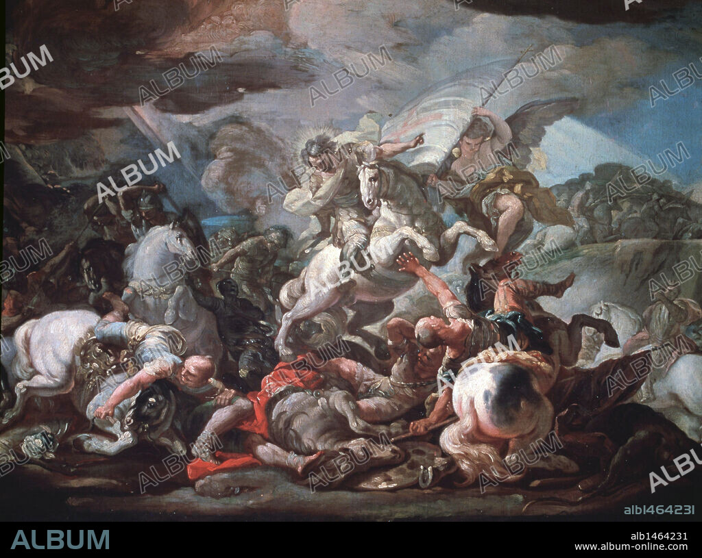 CLAVIJO , BATALLA DE . AÑO 845. EL REY RAMIRO I DE ASTURIAS VENCIO A LOS MUSULMANES CON LA AYUDA DEL APOSTOL SANTIAGO ( TRADICION ). OLEO DE CORRADO GIAQUINTO.. MUSEO BELLAS ARTES . MADRID.