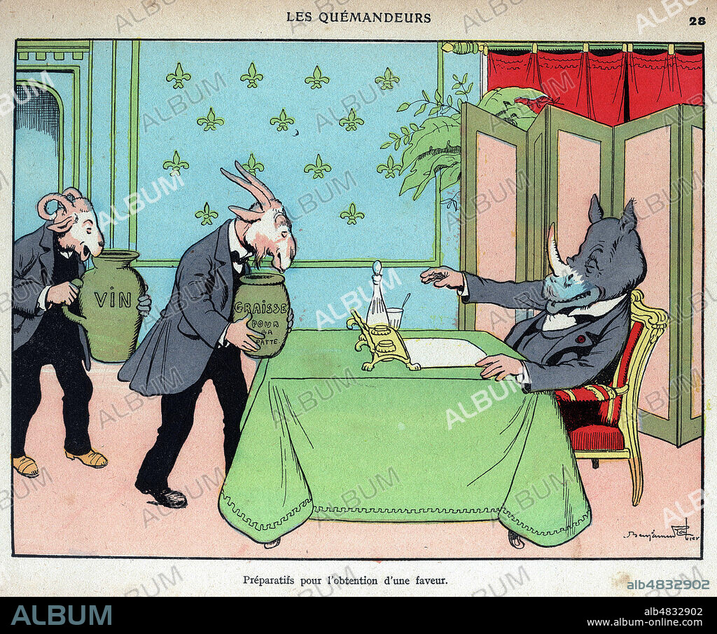 'Les quemandeurs. Preparatifs pour l'obtention d'une faveur'. Des chevres apportent un pot de vin et dela graisse pour patte a un rhinoceros. Illustration pour la Menagerie de Benjamin RABIER (1864-1939), ouvrage publie en 1922. Credit : IM/KHARBINE-TAPABOR.
