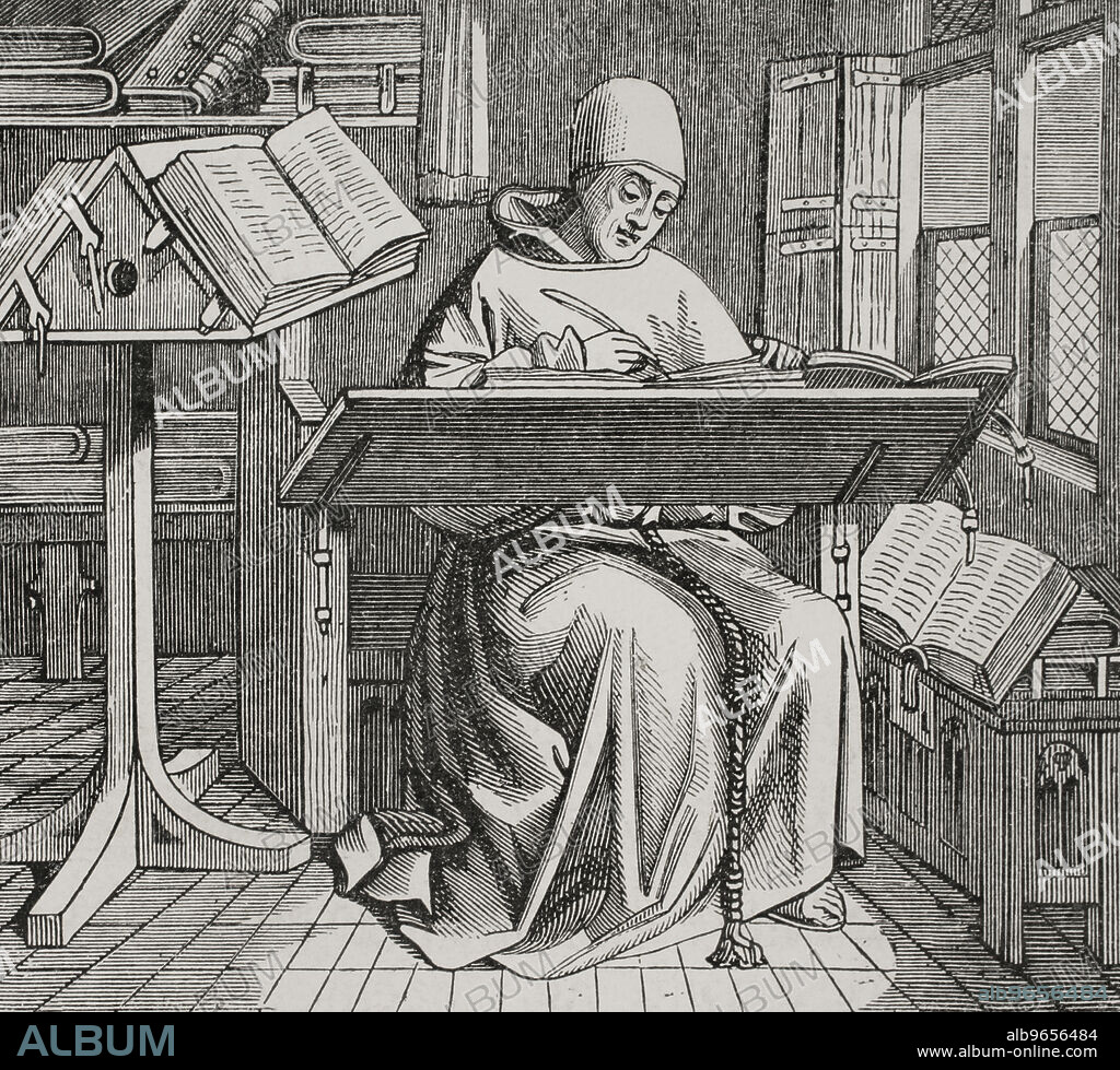 Escriba o copista, rodeado de libros abiertos, trabajando en su escritorio. Grabado del siglo XV. "Les Arts au Moyen Age et a l'Epoque de la Renaissance", por Paul Lacroix. París, 1877.