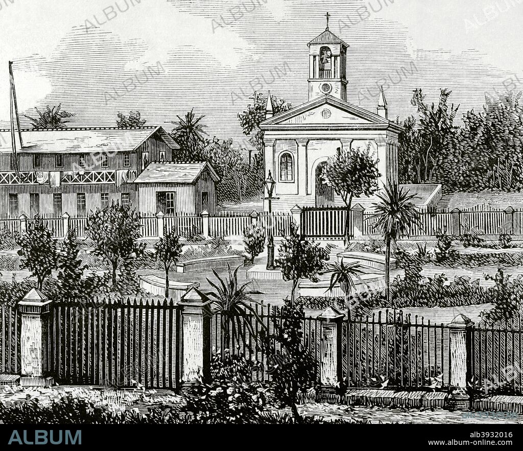 Guinea Española. Territorio controlado por España desde 1778 en el Golfo de Guinea. Obtuvo la independencia en 1968. El nuevo país se denominó Guinea Ecuatorial. Isla de Fernando Poo (Bioko en la actualidad). Santa Isabel (actual Malabo), capital de la isla. Vista de la Plaza de España e Iglesia de Santa Isabel. Grabado. La Ilustración Española y Americana, 15 de noviembre de 1876. Biblioteca Histórico Militar de Barcelona. Cataluña, España.