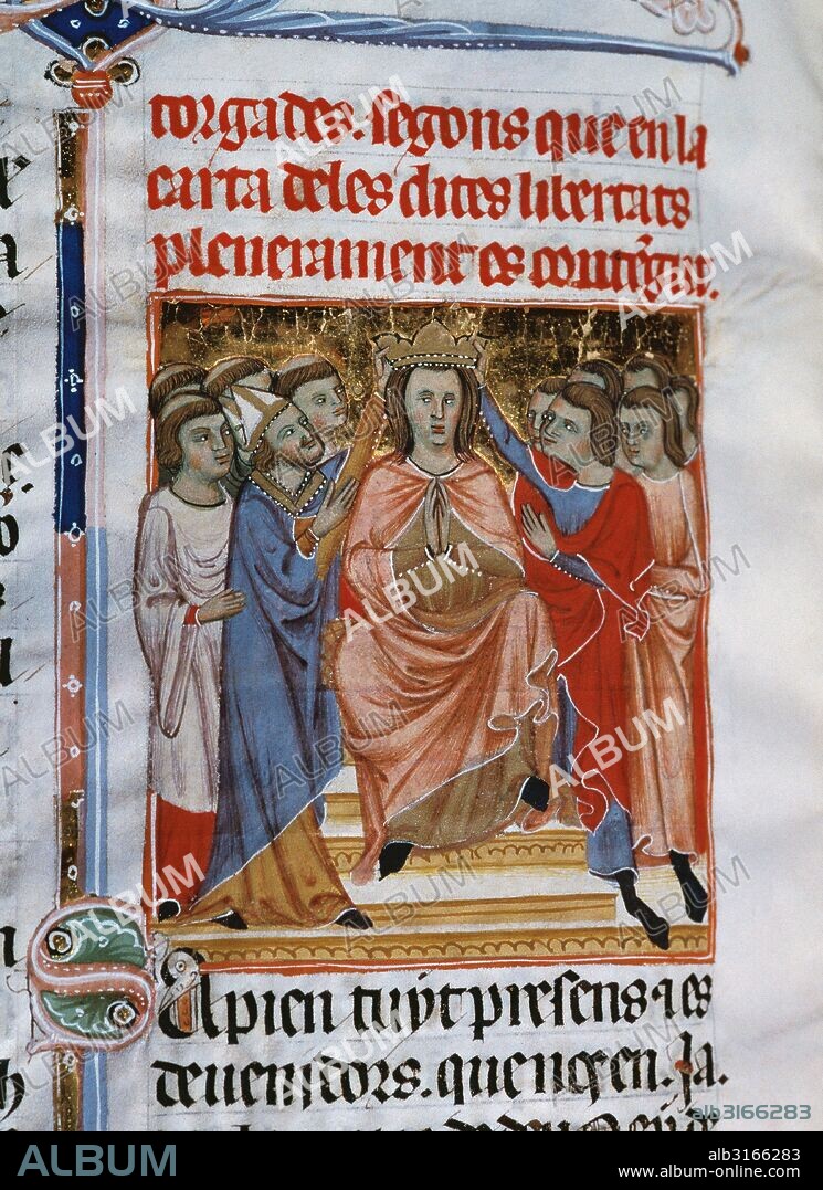 JAIME II de Mallorca (Montpellier, 1243-Ciudad de Palma, 1311). Rey de Mallorca, Conde de Rosellón y de La Cerdanya. Hijo de Jaime I y Violante de Hungría. Miniatura de Jaime II siendo coronado rey de Mallorca el 12 de octubre de 1276. Folio 263 v. de "Llibre de Franquisies del Regne de Mallorca" fechado hacia el año 1334. Archivo del Reino de Mallorca. Palma de Mallorca. Islas Baleares. España.