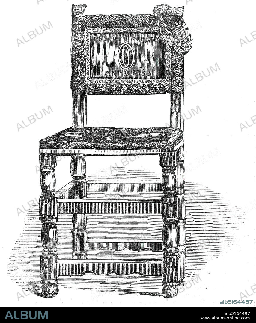 Rubens' Chair, at Antwerp, 1845. Chair associated with the Flemish painter Peter Paul Rubens. 'Antwerp is rich in memorials of the genius of Rubens; but, probably, neither of them is regarded with purer veneration than the illustrious Painter's Chair, which is preserved in the Royal Academy of Painting, in the above city. The chair is finished with red leather, brass nailed, and has the name of the Painter on the upper part of the back, with the date "A. D. 1633" beneath. Cosway, the Royal Academician, is said to have offered two hundred florins for this interesting relic of the most celebrated painter of the Flemish school'. From "Illustrated London News", 1845, Vol VII.