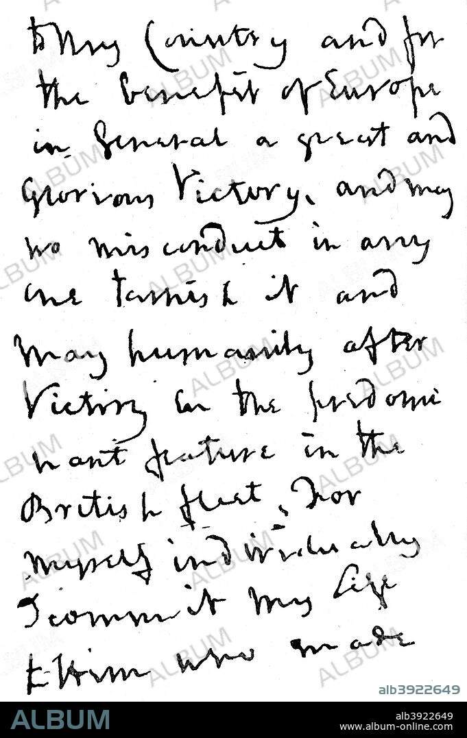 Part of a letter written by Nelson just before the Battle of Trafalgar, 1805 (1894). Fround in the collection of the Royal Naval College, Greenwich. An illustration from A Short History of the English People, by John Richard Green, illustrated edition, Volume IV, Macmillan and Co, London, New York, 1894.