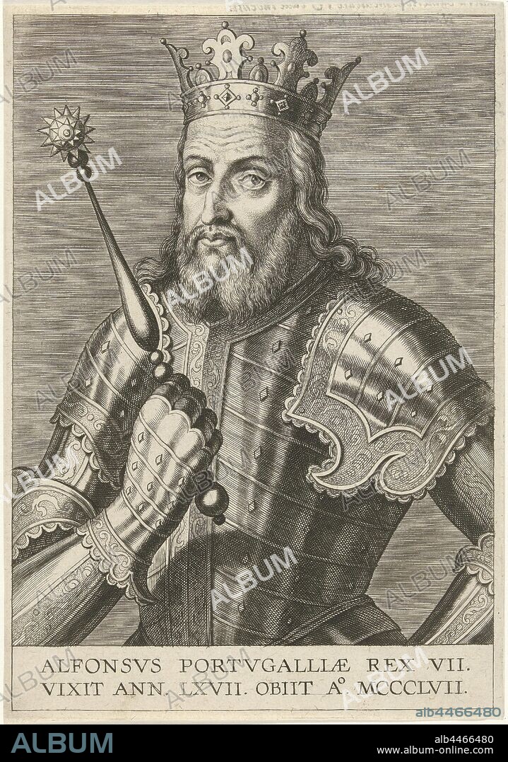 Portrait of King Alfonso IV of Portugal Kings and princes of Portugal (series title), insignia and symbols of sovereignty (crown, diadem, scepter, orb, seal, standard, cloak, pectoral), Portugal, Alfons IV (king of Portugal), Cornelis Galle (I), 1621, paper, engraving, h 190 mm × w 132 mm.