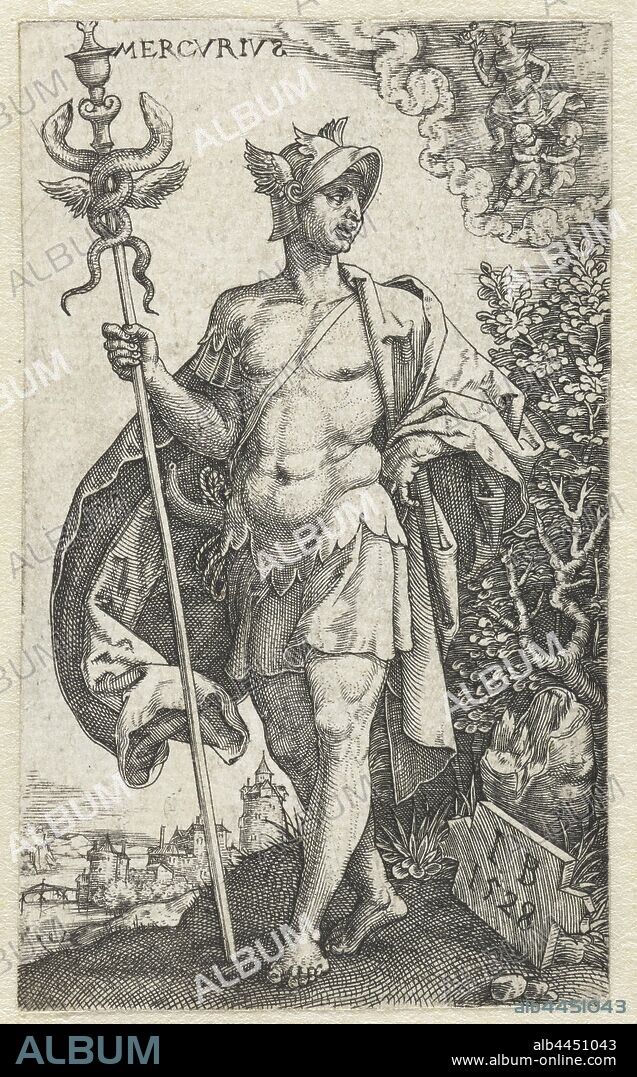 Mercury Gods who sit on the seven planets (series title), Mercury, a helmet with wings on the head and a staff with two snakes in the right hand. In the sky the two constellations Virgo and Gemini., Monogrammist IB (16e eeuw) (mentioned on object), Germany, 1528, paper, engraving, h 83 mm × w 50 mm.