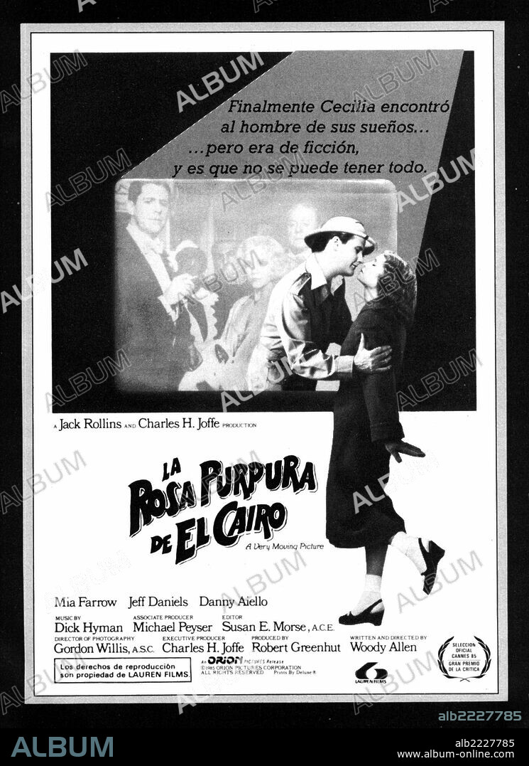 Poster de LA ROSA PÚRPURA DEL CAIRO, 1985 (THE PURPLE ROSE OF CAIRO), dirigida por WOODY ALLEN. Copyright ORION PICTURES.