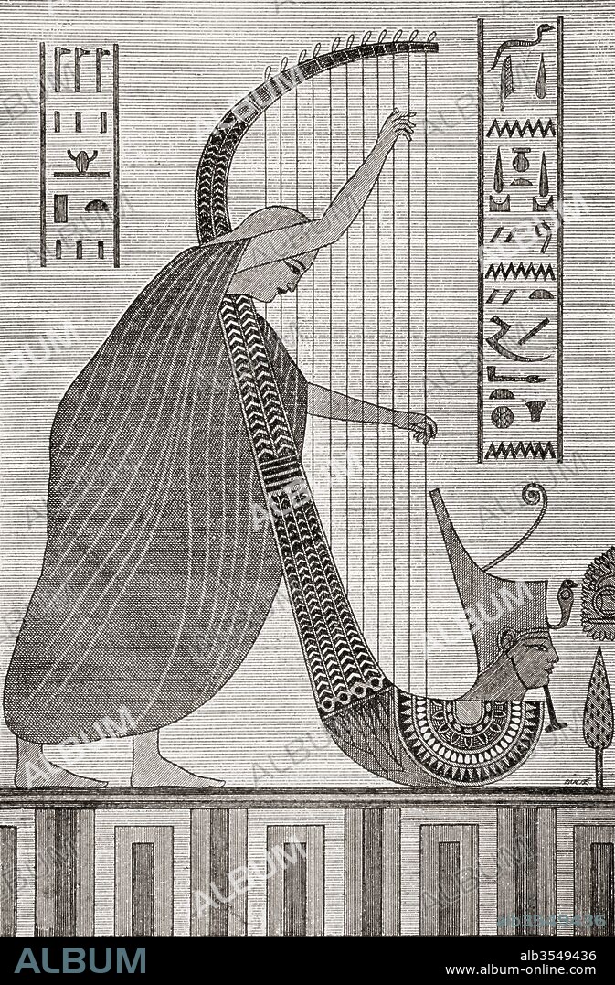 Blind Harpist playing harp with the Red Crown of Lower Egypt. After the drawing by James Bruce from a mural in the tomb of Pharoah Ramses III, Valley of the Kings, Egypt. From Kunstgeschichte In Bildern, published 1902.