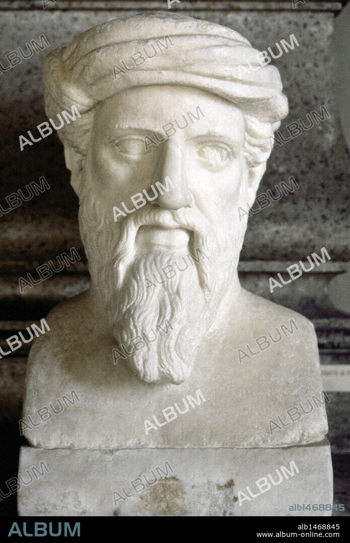 PITAGORAS (s. VI aC). Filósofo y matemático griego. Creador de las matemáticas. BUSTO DE PITAGORAS, copia romana de los ss. I-II. Museos Capitolinos. Roma. Italia.