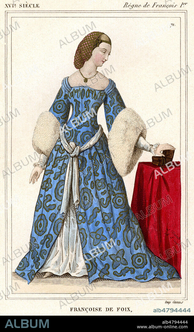 Francoise de FOIX (c.1495-1537) Comtesse de CHATEAUBRIANT et amante de FRANCOIS 1er (1494-1547). Illustration de 1852 par L. MASSARD pour Costumes historiques de la France. Credit : Collection Jonas/Kharbine-Tapabor.