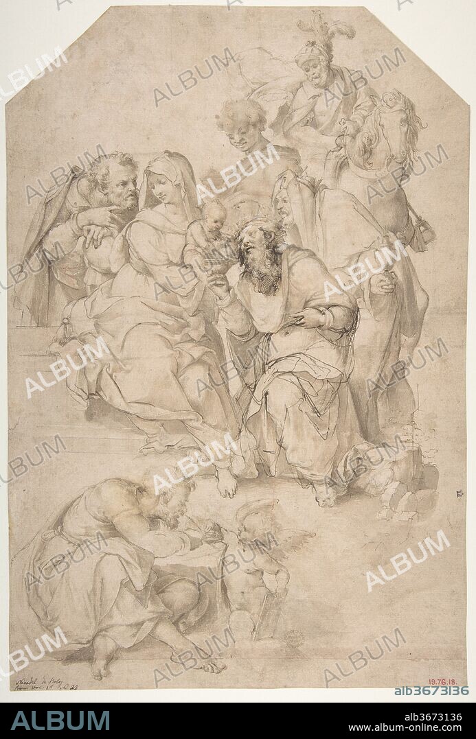 The Adoration of the Magi. Artist: Nosadella (Giovanni Francesco Bezzi) (Italian, Bologna (?) ca. 1500-1571 Bologna). Dimensions: Overall: 14 5/16 x 9 5/8in. (36.4 x 24.4cm), maximum, with completed strip of paper at bottom border and upper corners cropped. Date: 1500-1571.
This drawing was bought at the Pembroke sale in 1917 as by Lorenzo Sabbatini, although it was already listed in the Pembroke album with the correct attribution to Nosadella (see here "inscriptions" and "provenance"), an attribution that is also confirmed by the style and technique with washes of the study. The figure of Saint Matthew is seated conspicuously in the foreground and is aided in his writing by an attendant angel. Matthew's presence emphasizes the fact that the story of the visit of the Magi to the Christ Child is told only in the Gospel that bears his name.  The drawing could therefore be a design for a representation of this subject painted in fresco on the walls of the choir of the church of Santa Maria Maggiore, Bologna. The altarpiece, representing the Circumcision, still survives; it is said to have been begun by Nosadella and finished by Prospero Fontana. The Bolognese art historian Carlo Cesare Malvasia reports that on the lateral walls of the choir were frescoed representations of the Nativity and the Adoration of the Magi (Malvasia, 1686, p. 42, the altarpiece fig. 53/5): these lateral frescoes had disappeared under whitewash by the eighteenth century, but the lateral spaces could have easily accommodated a vertical composition such as that studied in our drawing (as Catherine Johnston has reported). Furthermore, the scale of the figures and the rhythm of the composition would have harmonized with the Circumcision altarpiece.  Christine Baltay has pointed out that the figure of the old Magus standing at the right is quoted almost verbatim in a painting of the Presentation in the Temple that was sold more recently at Christie's in London (April 24, 1981, no. 95, repr.).  In the painting, the Magus is transformed into a temple attendant.