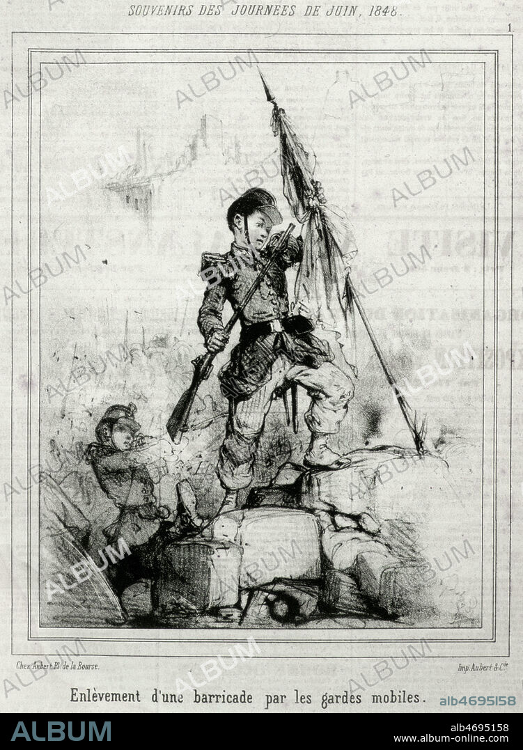 Souvenir des journees de juin 1848. Enlevement d'une barricade par les gardes mobiles. Lithographie tiree du Charivari fin juillet 1848. Credit : Collection KHARBINE-TAPABOR.