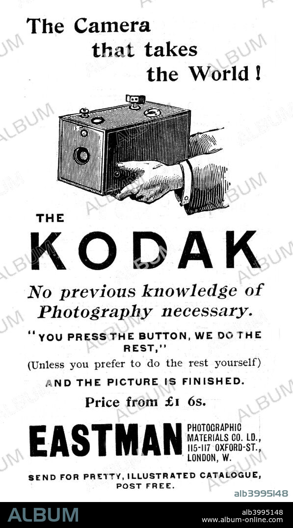 Advertisement for Kodak cameras, 1893. This advertisement carries the famous slogan You press the button, we do the rest.  From 1888 the Kodak box camera took Eastman's coated paper roll film. From The Illustrated London News. (London, 16 September 1893).