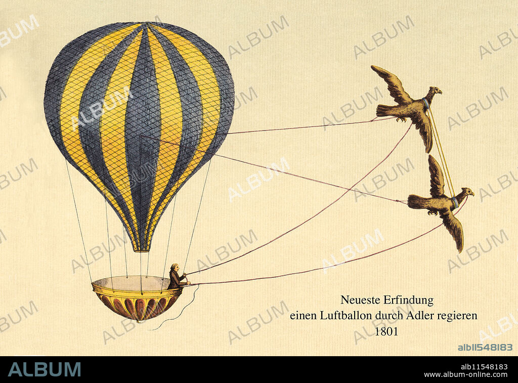 K. G. LOHSE. Neueste Erfindung einen Luftballon durch Adler zu regieren ("Newest invention an air balloon being piloted by eagles") 1801.  The original art was reproduced in 1956 by the Royal Aeronautical Society and the plates were produced by K.G. Lohse, Frankfurt Germany.