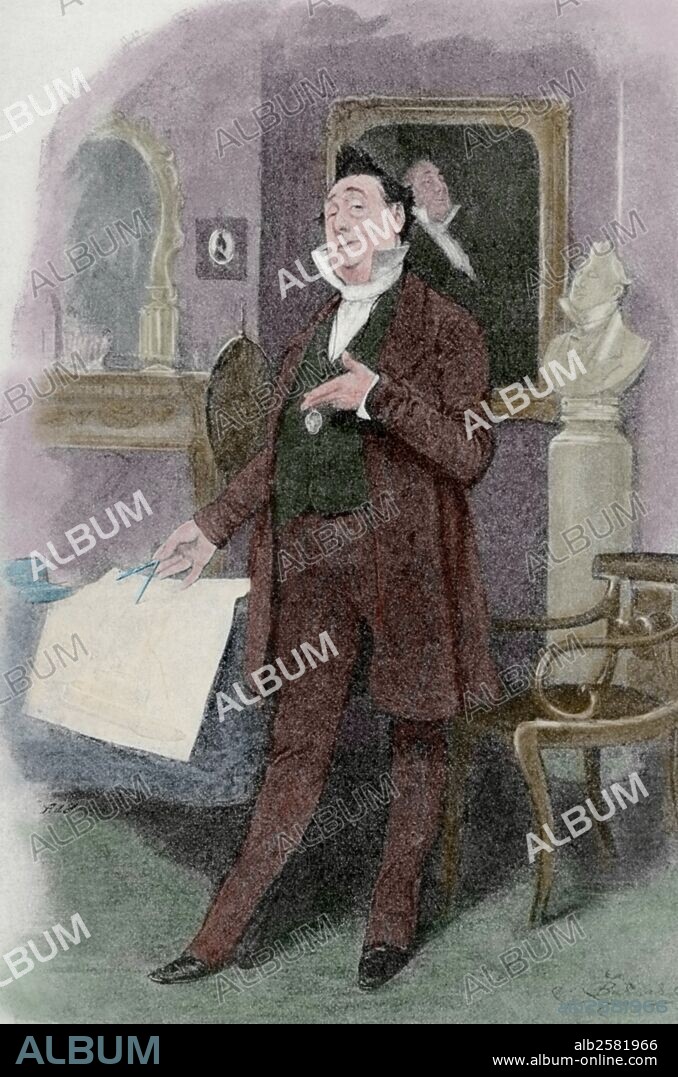 Charles Dickens (1812-1870). Illustration by Balmad. Character  Mr. Pecksniff in the novel "Martin Chuzzlewit", 1843-1844. La Ilustracion Iberica, 1898. Colored engraving.