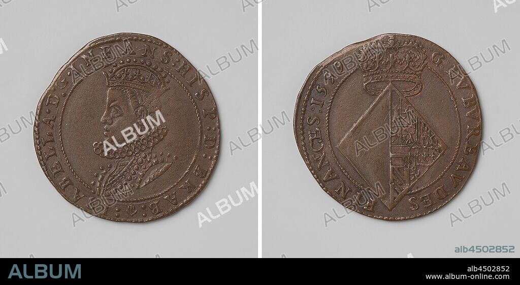 Isabella of Austria, Queen of the Southern Netherlands, counting medal of the Council of Finance, Copper medal. Obverse: bust of woman with crown inside inscription. Reverse: diamond-shaped coat of arms under crown inside circumference, infante of Spain Isabella Clara Eugenia, Council of Finance, anonymous, Antwerp, 1599 - 18-Apr-1599, copper (metal), striking (metalworking), d 2.9 cm × w 4.73 gr.
