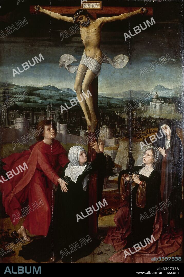 Gérard David (Oudewater, h.1460-Brujas, 1523). Pintor perteneciente a la escuela de Brujas. Calvario. Oleo sobre tabla (100 x 72 cm). María con toca blanca a la cabeza y manto azul. Un poco detrás, San Juan. La Magdalena en el lado derecho de la pintura; tras de ellas y de pie se encuentra Salomé. Al fondo un paisaje con la ciudad de Jerusalén. Procedente de la iglesia de Santa María, en Cuenca. Museo Diocesano. Cuenca. Castilla-La Mancha. España.