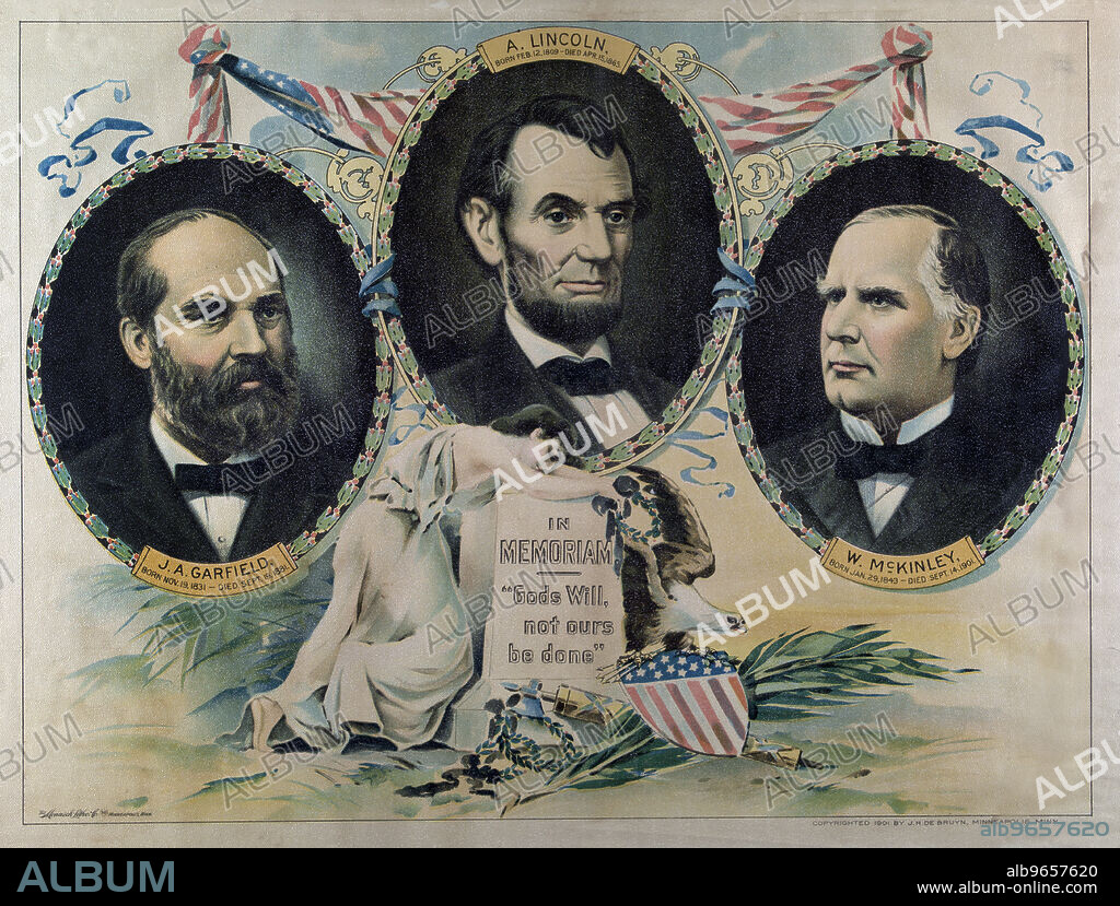 In Memoriam, "Gods Will, Not Ours be Done", Head and Shoulders Portraits of Assassinated U.S. Presidents James A. Garfield, Abraham Lincoln & William McKinley, Lithograph, Monasch Lith. Co., Published by J.H. De Bruyn, 1901.