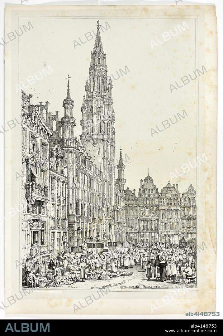 Hotel de Ville, Brussells. Samuel Prout (English, 1783-1852); probably printed by Charles Joseph Hullmandel (English, 1789-1850); probably published by Rudolph Ackermann (English, 1764-1834). Date: 1833. Dimensions: 290 × 425 mm (image); 310 × 445 mm (primary support); 345 × 500 mm (secondary support). Lithograph in black on grayish-ivory chine, laid down on ivory wove paper. Origin: England.