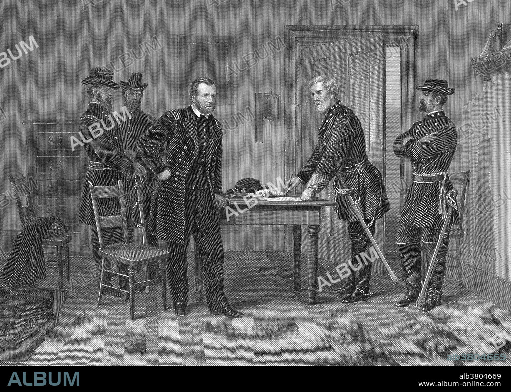 Lee surrenders to Grant surrounded by aides at Appomattox Court House, Virginia.The Battle of Appomattox Court House, fought on the morning of April 9, 1865, was the final engagement of Confederate States Army General Robert E. Lee's Army of Northern Virginia before it surrendered to the Union Army under Lt. General Ulysses S. Grant, and one of the last battles of the war. Lee, having abandoned the Confederate capital of Richmond, Virginia, after the Siege of Petersburg, retreated west, hoping to join his army with the Confederate forces in North Carolina. Union forces pursued and cut off the Confederate retreat. Lee's final stand was at Appomattox Court House, where he launched an attack to break through the Union force to his front, assuming the Union force consisted entirely of cavalry. When he realized that the cavalry was backed up by two corps of Union infantry, he had no choice but to surrender. The signing of the surrender documents occurred in the parlor of the house owned by Wilmer McLean on the afternoon of April 9. On April 12, a formal ceremony marked the disbandment of the Army of Northern Virginia and the parole of its officers and men, effectively ending the war in Virginia.