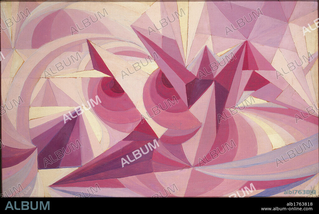 Force lines of landscape amethyst, by Giacomo Balla, 1917, 20th Century, oil on canvas,. Italy, Lazio, Rome, Private Collection. Back. Force lines of landscape  amethyst pink.  Please remember that author's rights have to be cleared for modern and contemporary works of arts.