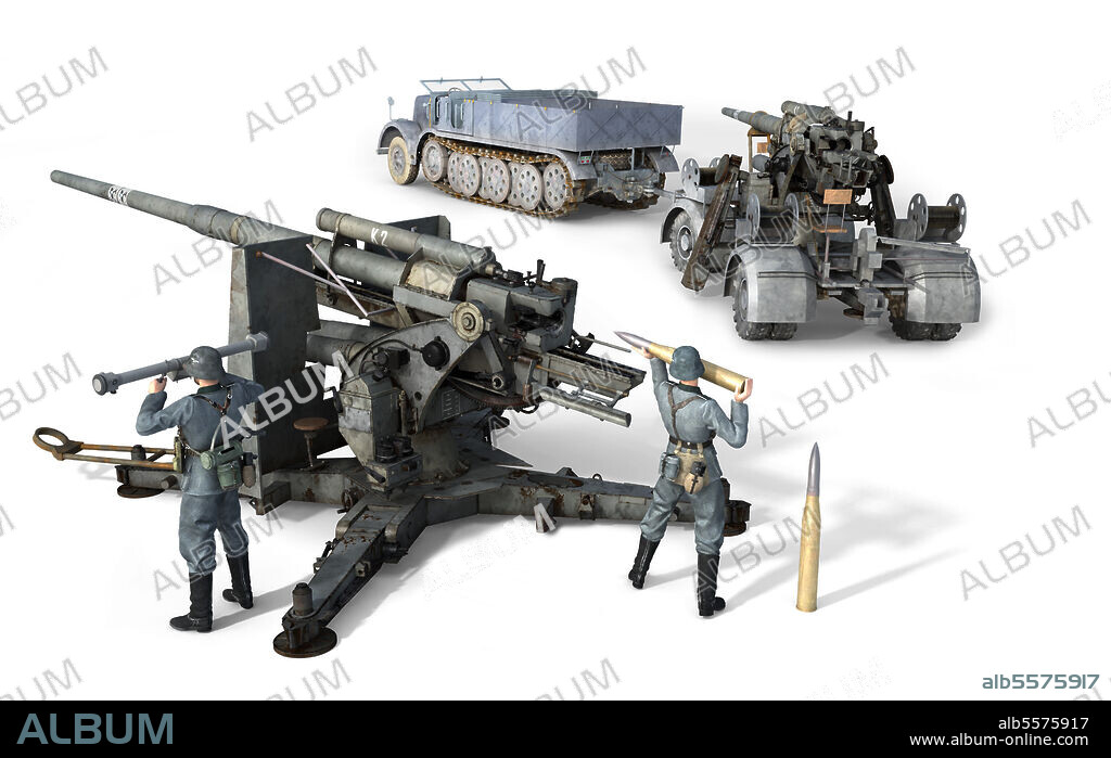 The German 88mm anti-aircraft gun of WWII, seen here in fire mode, with two Luftwaffe soldiers loading shells, and one in transport mode with a half-track.
