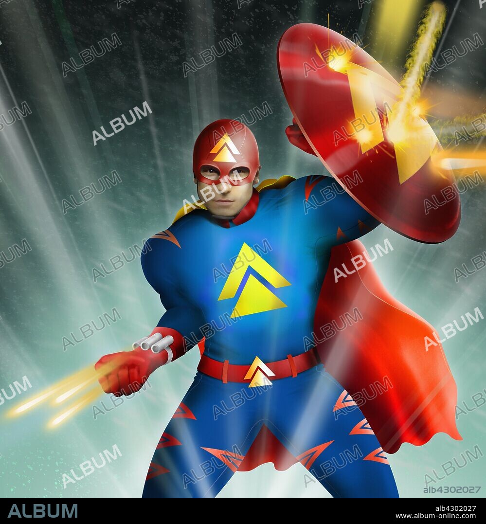 Science fiction superhero in fight with laser guns.