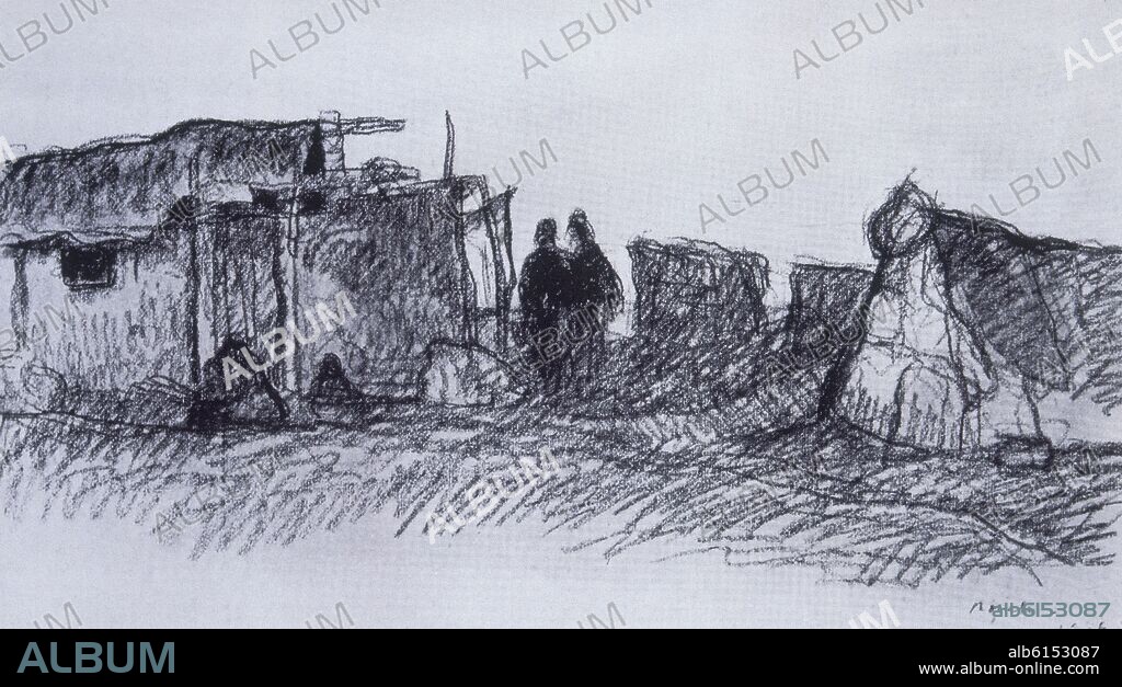 ISIDRO NONELL. Hª DE CATALUÑA-FOTOGRAFIA DE CUADRO-BARRACAS DE BARCELONA-DIBUJO-1906.