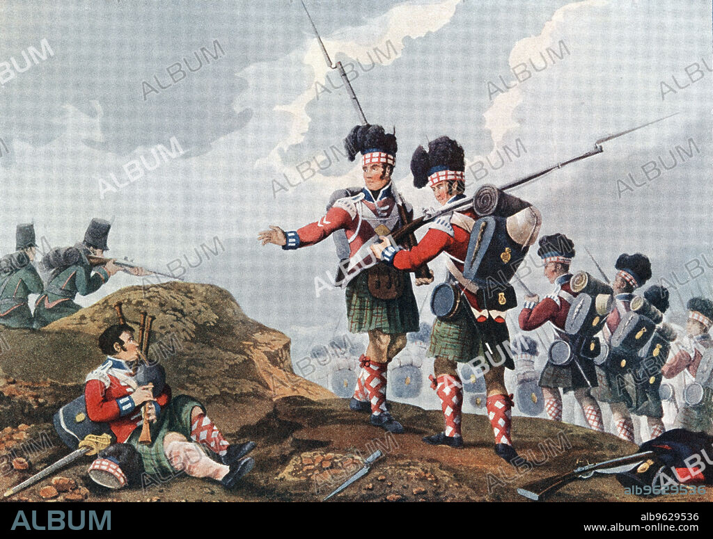 Battle of Vimeiro, Peninsular War, 21 August 1808. The British army commanded by Wellington defeated the French under Junot. The 11th Highland Regiment's piper continues to play despite having been wounded.