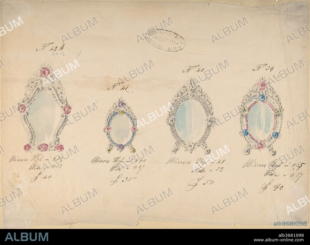 One of Twenty-Three Sheets of Drawings of Glassware (Mirrors, Chandeliers, Goblets, etc.). Artist: Compagnia di Venezia & Murano. Dimensions: 14 x 19 in.  (35.6 x 48.3 cm). Date: 1850-80.