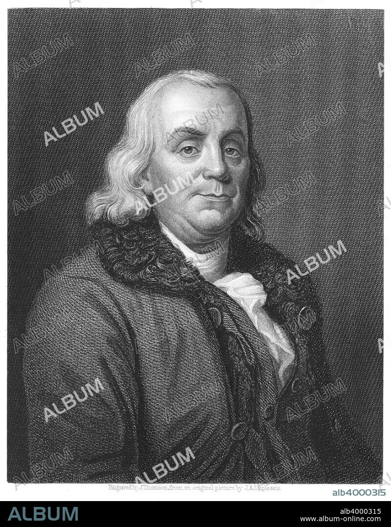 Benjamin Franklin, 18th century American scientist, inventor and statesman, [1835]. Franklin (1706-1790) was a member of the committee which drafted the Declaration of Independence in 1776. Trained as a printer, first in his family's firm in Boston, and later in England, he became a notable publisher but is now better known as one of the founders of the science of electricity. Franklin became interested in the principles of electricity in 1747 and published Experiments and Observations on electricity in London in 1751. He was responsible for several inventions, including the lightning conductor and bifocal spectacles. Engraving after Joseph Siffred Duplessis (1725-1802).