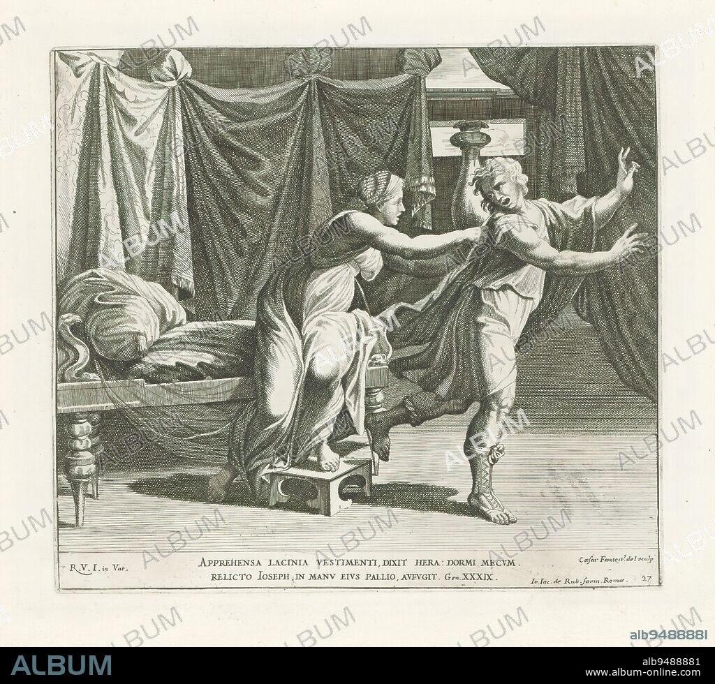 Joseph and Potiphar's wife, Raphael Bible (series title), Paintings in Raphael's Loggia (series title), Imagines Veteris ac Novi Testamenti (series title), Joseph in a sleeping room, walks away from Potiphar's wife. She grabs his cloak. Bible verse below the image. Print is part of an album., print maker: Cesare Fantetti, (mentioned on object), after drawing by: Cesare Fantetti, (mentioned on object), after painting by: Rafaël, (mentioned on object), print maker: Italy, after drawing by: Italy, after painting by: Vaticaanstad, publisher: Rome, Vaticaanstad, 1675, paper, etching, height 234 mm × width 260 mm.