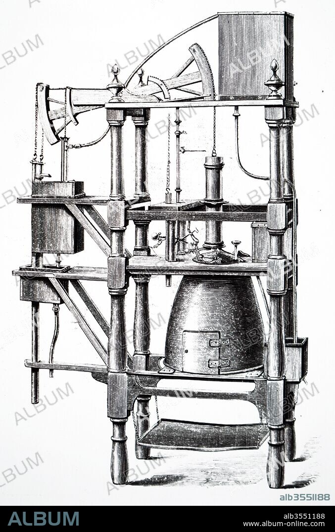 Engraving depicting a Newcomen steam engine. Thomas Newcomen (1664-1729) an English inventor who created the first practical steam engine in 1712, the Newcomen atmospheric engine. Dated 18th century.