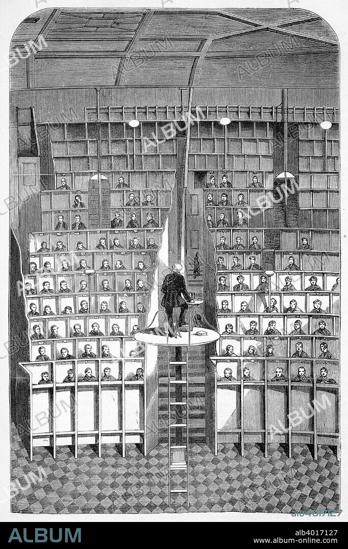 Surrey House of Correction, Wandsworth, London, 1862. Adult school in the chapel, on the separate system at the Surrey House of Correction, Wandsworth, From The Criminal Prisons of London and Scenes of Prison Life by Henry Mayhew (1812-1887) and John Binny, 1862.