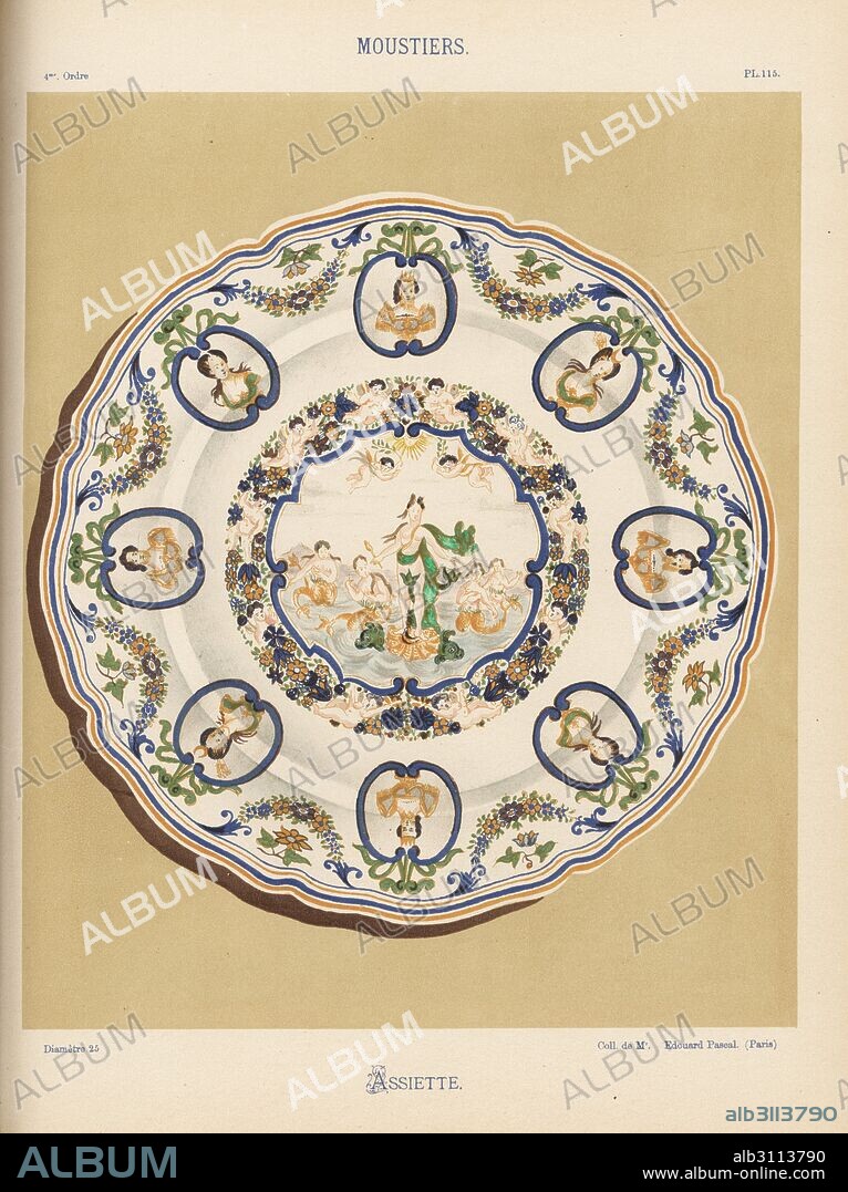 Plate from Moustiers, France, decorated with scene of sea goddess Salacia and naiads. With border of heads of Neptune and Salacia in border of foliage. Hand-finished chromolithograph from Ris Paquot's General History of Ancient French and Foreign Glazed Pottery, Chez l'Auteur, Paris, 1874.