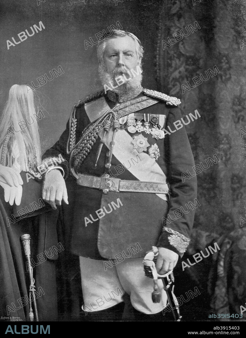 General Prince Edward of Saxe-Weimar, 1896. Although of German parentage, Prince Edward of Saxe-Weimar (1823-1902) served in the British Army. He received several battle honours for his service in the Grenadier Guards in the Crimean War, and served as Commander-in-Chief in Ireland from 1885-1890. In 1897 he was made a Field Marshal. A print from The Navy and Army Illustrated, 29th May 1896.