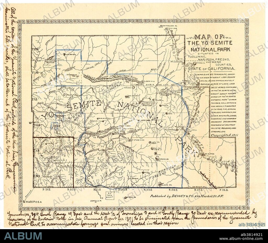 On June 30, 1864, President Abraham Lincoln signed the Yosemite Land Grant, setting aside Yosemite Valley in one of the first instances of land preservation for public use. Initially granted to the State of California, this area would later be incorporated into the future Yosemite National Park. This map was included with a petition to Congress from John Muir and other founders of the Sierra Club, protesting a bill to reduce the size of the park. 01/02/1893.