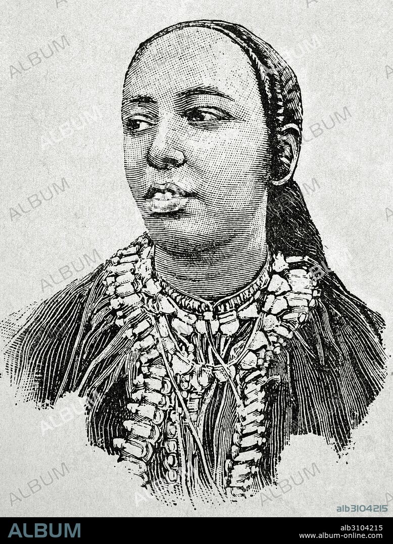 Esposa de la reina de Abisinia y esposa de MENELIK II (Choa, 1844-Abbis Abeba, 1913). "Negus" (emperador) de Etiopía. Grabado. La Ilustración Artística, 1896.