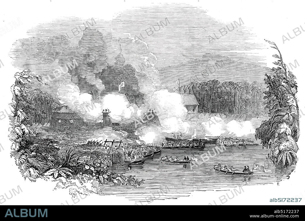 The British Admiral's attack on the Borneo pirates, 1845. View of a battle between warships '...Agincourt, Vestal, Daedalus, Wolverine, Cruiser, and Vixen...under the command of Sir Thomas Cochrane, Rear-Admiral, and Commander in Chief, and the fort of Sheriff Osman, a well known daring Arab pirate, whose terrible piracies have paralysed the commerce of the seas round...Borneo...It is to be hoped, that the severe lesson they have received will for a time intimidate the pirates of Borneo; but nothing short of a European settlement...will effectually drive the pirates from their present haunts. Many a ship that has been reported missing has met her fate on the coast of Borneo, and the crew been murdered or sold as slaves. Even now, it is said that ten Europeans and thirty Manilla men are slaves to the Arab chief whose town has been destroyed'. From "Illustrated London News", 1845, Vol VII.