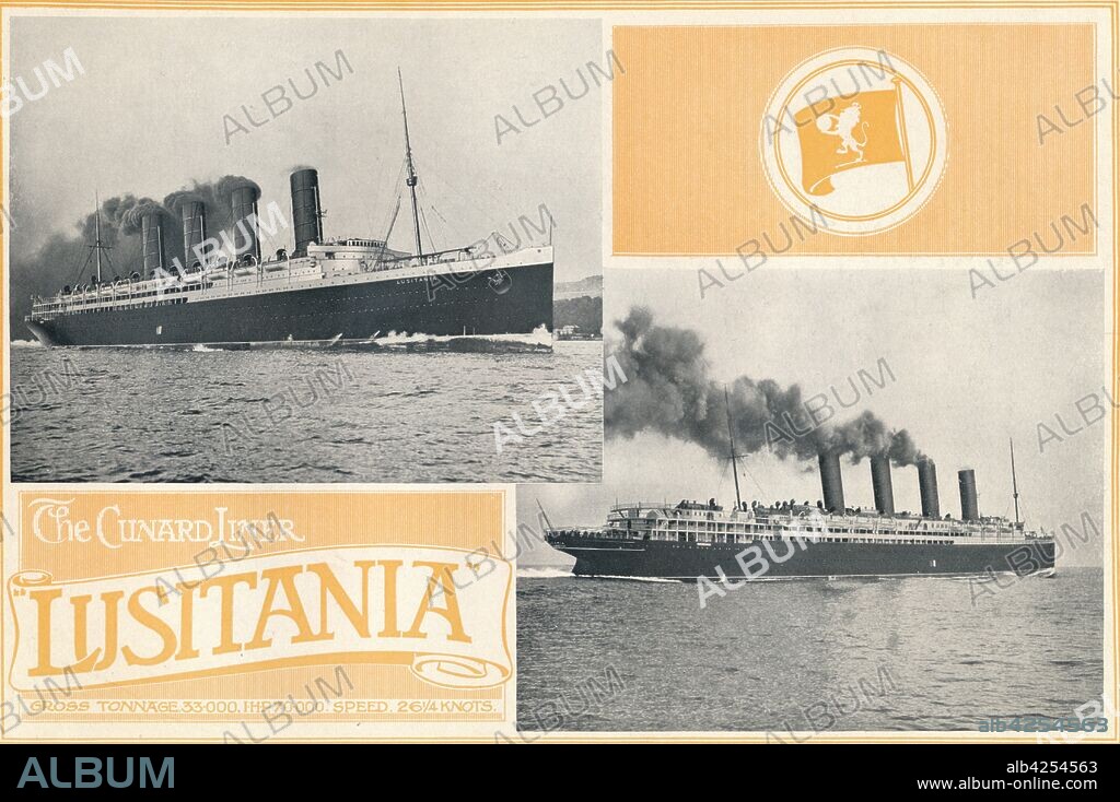 'The Cunard Liner "Lusitania".', c1910. Ocean liner RMS 'Lusitania', launched in 1906, was built for the Cunard Steamship Line by John Brown & Co on the Clyde. One of the fastest liners of her day, she held the Blue Riband for the fastest Atlantic crossing from 1907 until losing it to her sister, the 'Mauretania', in 1909. On 7 May 1915, 'Lusitania' was sunk off the Irish coast by a German submarine, the U-20, with the loss of 1198 lives.