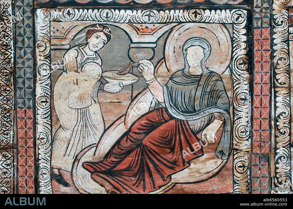 Zillis (Graubünden, Schweiz), Kirche St. Martin.-Liegende Maria mit Dienerin.-Ausschnitt aus der Holzdecke, bemalt, um 1130/40. Größe der Bildfelder ca. 90 x 90 cm.