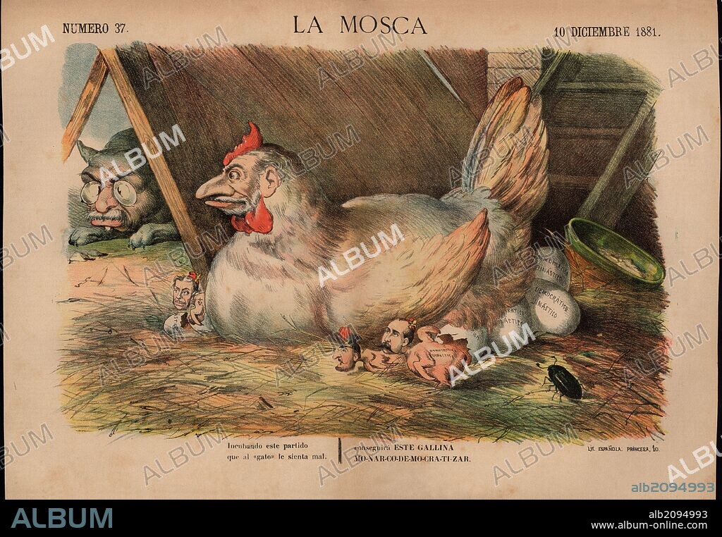 Portada del diario satírico La Mosca. Dibujo jocoso caricaturizando a Práxedes Mateo-Sagasta Escolar (1825-1903), ingeniero y político español. Barcelona, año 1881.