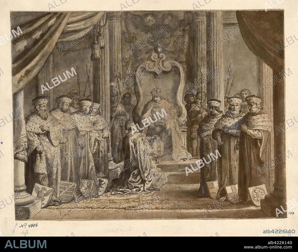 MOEYAERT (MOYAERT), NICOLAES (CLAES) CORNELISZ. 'Emperor Maximilian with Kneeling Woman in front of Him'. Drawing for the decoration of Amsterdam in 1638 during the visit of Marie de' Medici. Holland, 1638. Dimensions: 29x38 cm.