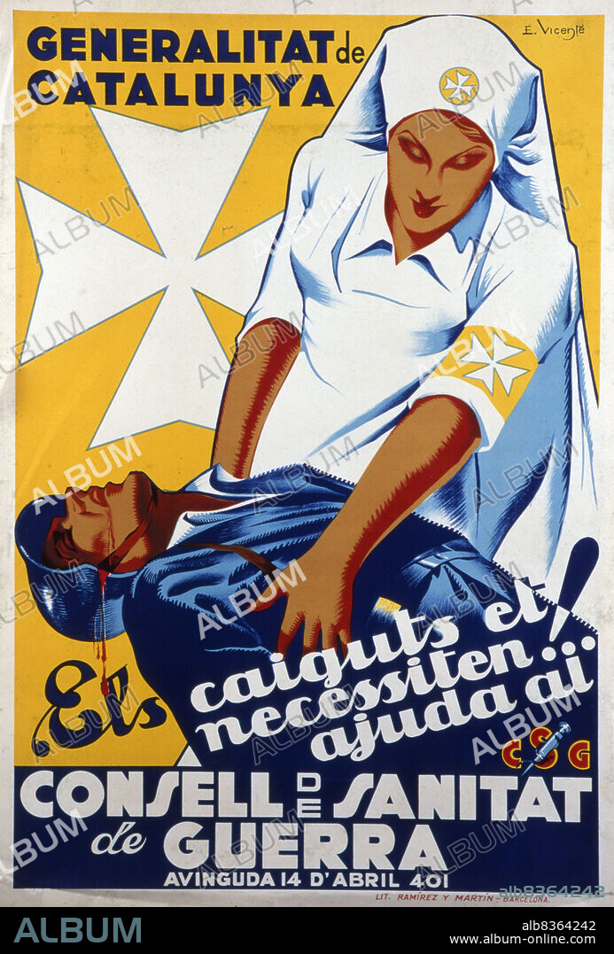 EDUARDO VICENTE PéREZ. Cartel Els caiguts et necessiten, editado por la Generalitat de Catalunya, Consell de Sanitat de Guerra. Litografía. Barcelona.