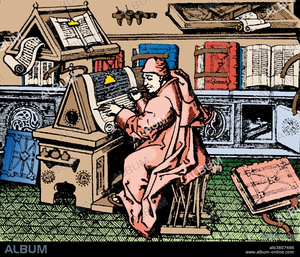 Mielot at work compiling his Miracles de Nostre Dame. Jean Mielot (died 1472) was an author, translator, manuscript illuminator, scribe and priest, who served as secretary to Philip the Good, Duke of Burgundy from 1449 to Philip's death in 1467, and then to his son Charles the Bold. He was mainly employed in the production of de luxe illuminated manuscripts for Philip's library. He translated many works, both religious and secular, from Latin or Italian into French, as well as writing or compiling books himself, and composing verse. Between his own writings and his translations he produced some 22 works while working for Philip, which were widely disseminated, many being given printed editions in the years after his death, and influenced the development of French prose style. No artist credited, dated 15th century. This image has been color-enhanced.