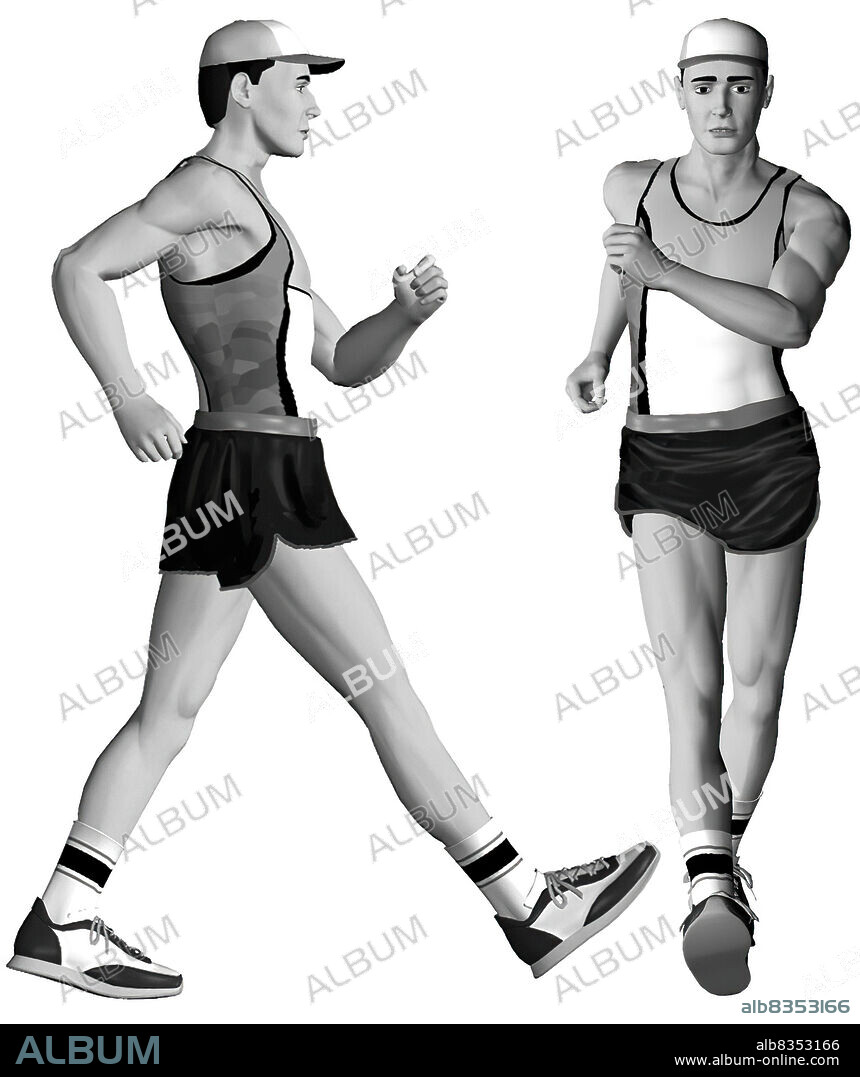 The athlete pushes off his back leg and stretches the other leg forward, with a swing of the hip that causes the hip rotation characteristic of race walking. Energetic arm movements give the stride maximum amplitude, because they aid with balance as the weight is transferred.