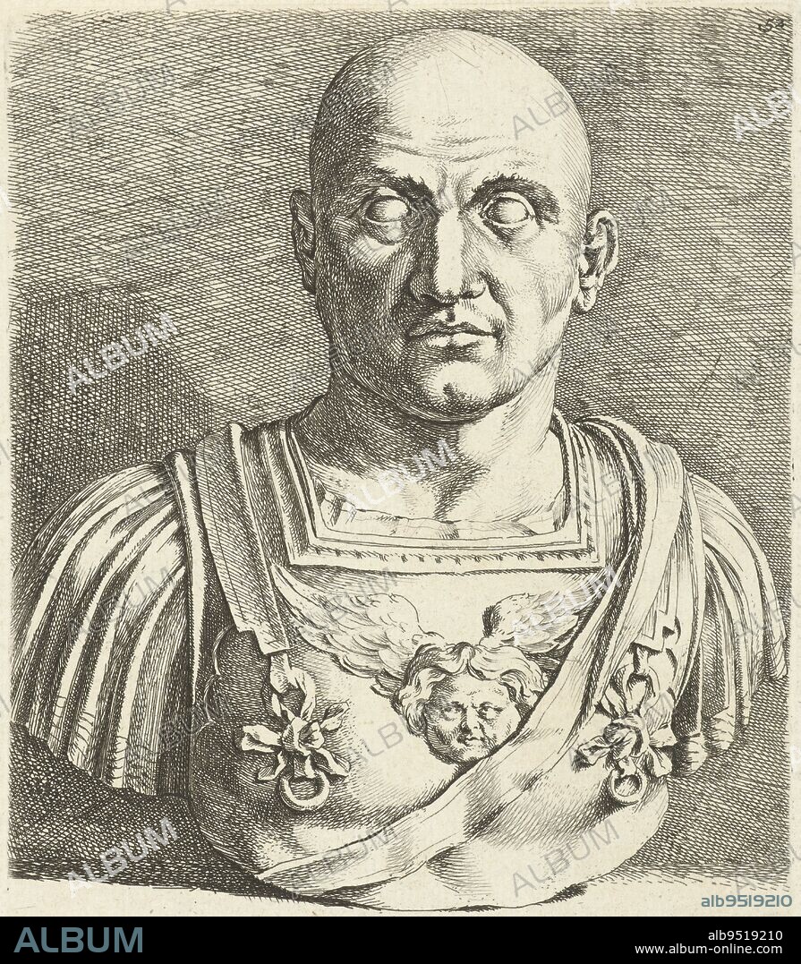 Portrait bust of Publius Cornelius Scipio Africanus Paradigmata graphices variorum artificum , print maker: Jan de Bisschop, (mentioned on object), anonymous, (mentioned on object), Northern Netherlands, 1666 - 1671, paper, etching, h 170 mm × w 135 mm.
