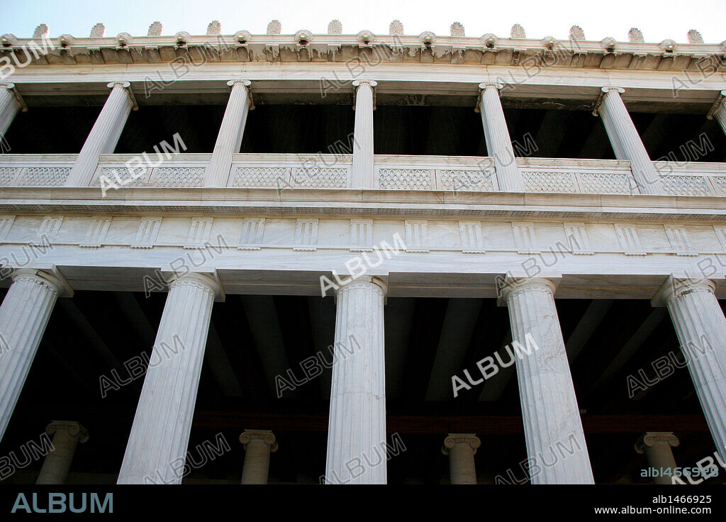Greek Art. The Stoa of Attalos (Atallus). It was built by and named after King Attalos II of Pergamon who ruled between 159 BC and 138 BC. In the years 1953-1956 the Stoa was reconstructed. Ancient Agora from Athens. Central Greece. Attica. Europe.