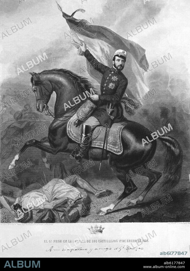 EL GENERAL PRIM EN LA BATALLA DE LOS CASTILLEJOS EL 1º DE ENERO DE 1859.